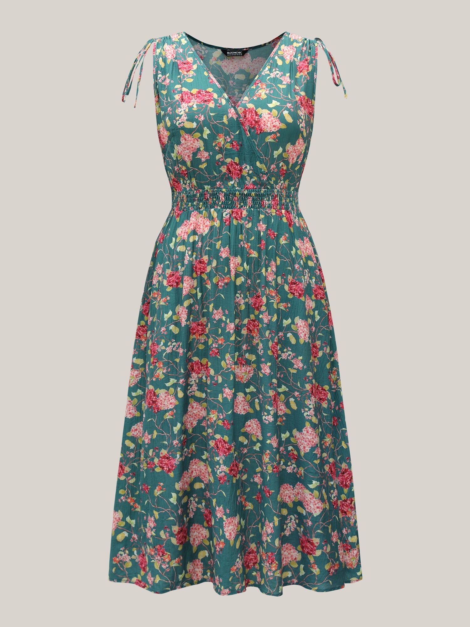 Floral Print Shoulder Tie Pockets Maxi Dress