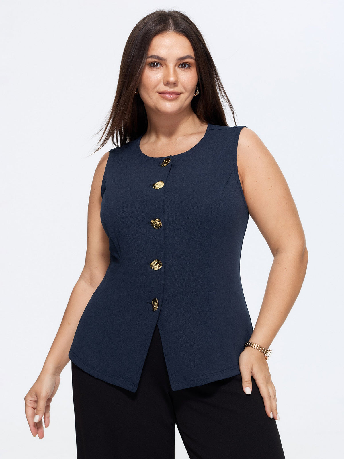 Button-Front Fitted Plain Blazer Vest