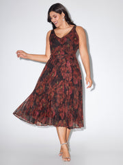 Floral Print Pleated Waist-Tie Midi Dress