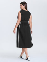 Lace Trim Shirred Waist Round Neck Midi Dress