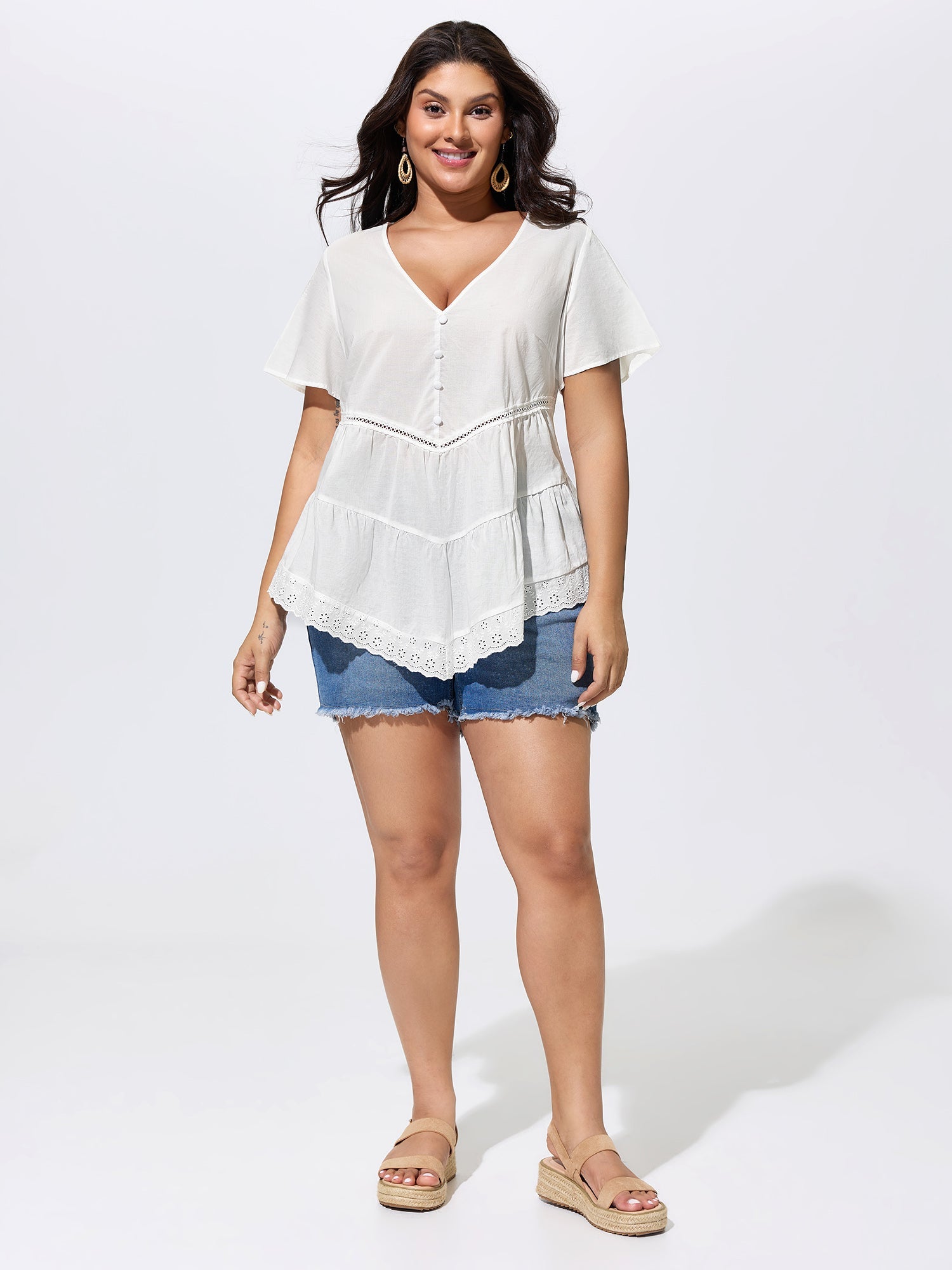 Cotton V-Neck Tiered Plain Blouse