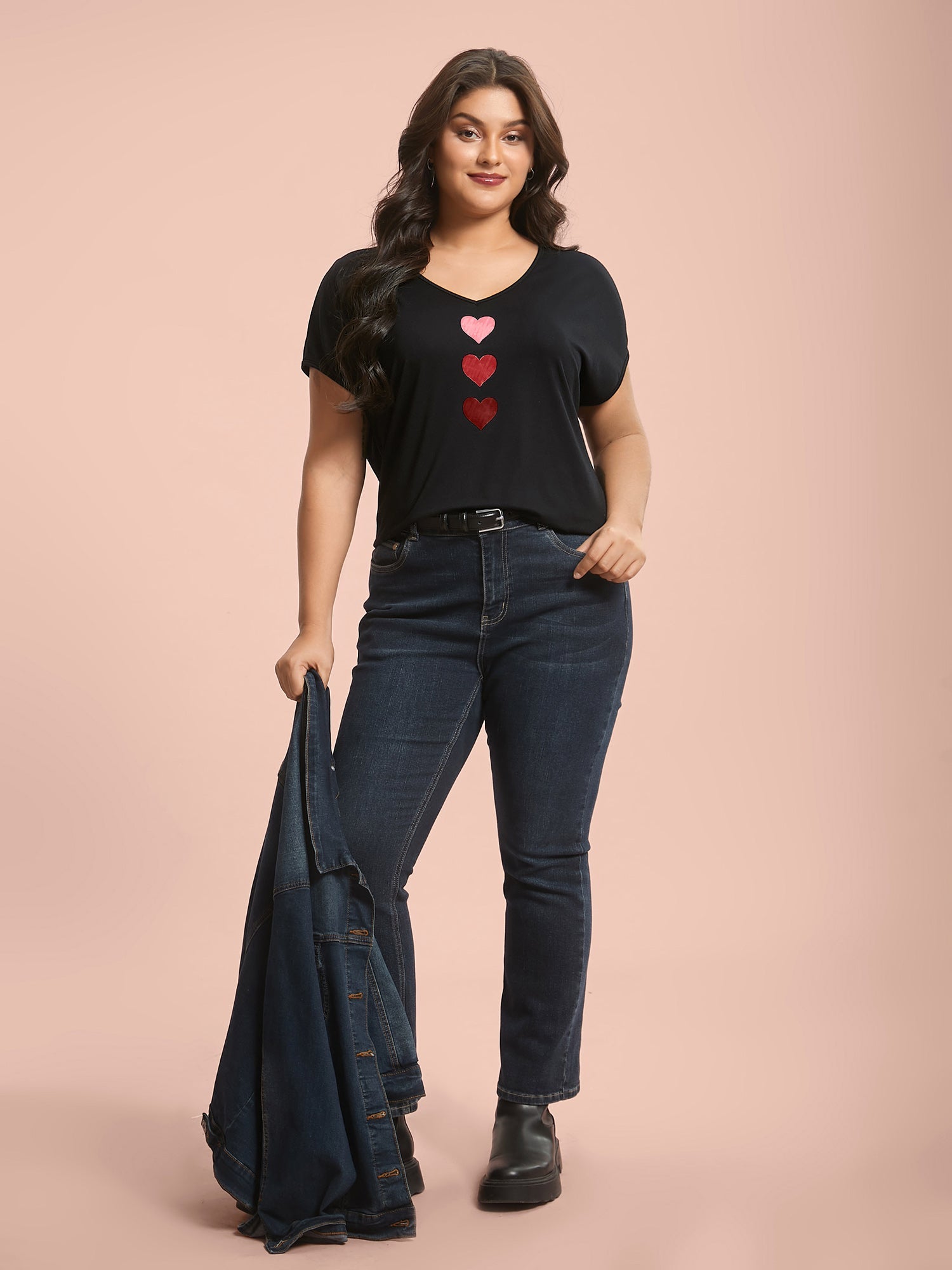 Heart Print Stretchy Dolman Sleeve T-Shirt
