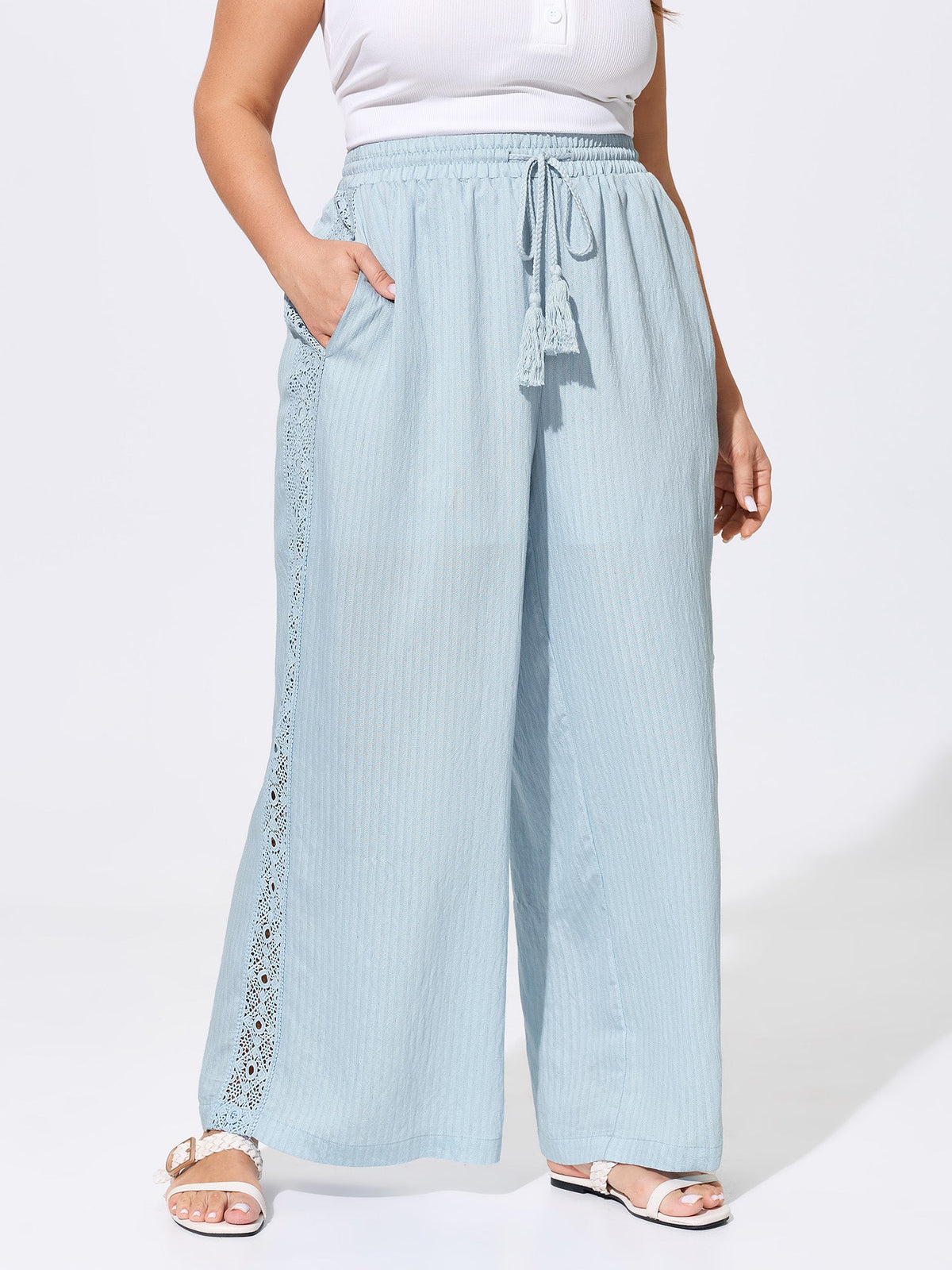 Linen Blend Side Design Drawstring Waist Pants