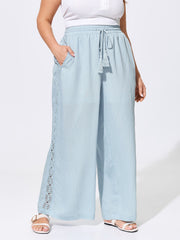 Linen Blend Side Design Drawstring Waist Pants