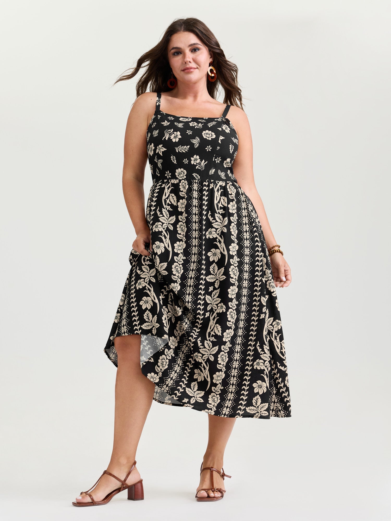 Monochrome Boho Print Pockets Midi Dress