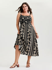 Monochrome Boho Print Pockets Midi Dress