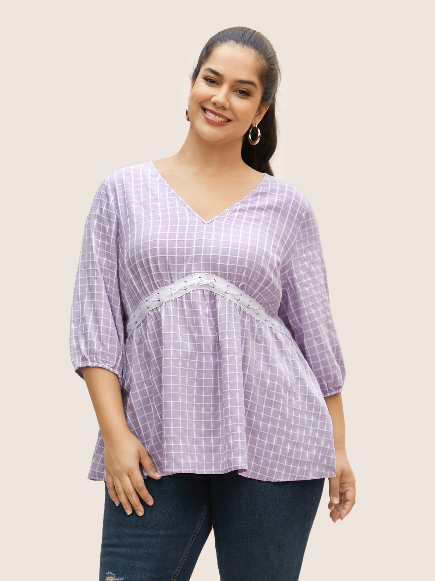 Gingham Patchwork Lantern Sleeve Blouse
