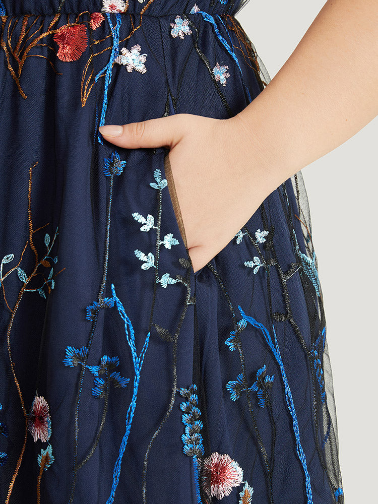Plants Embroidered Mesh Patchwork Tank Dress