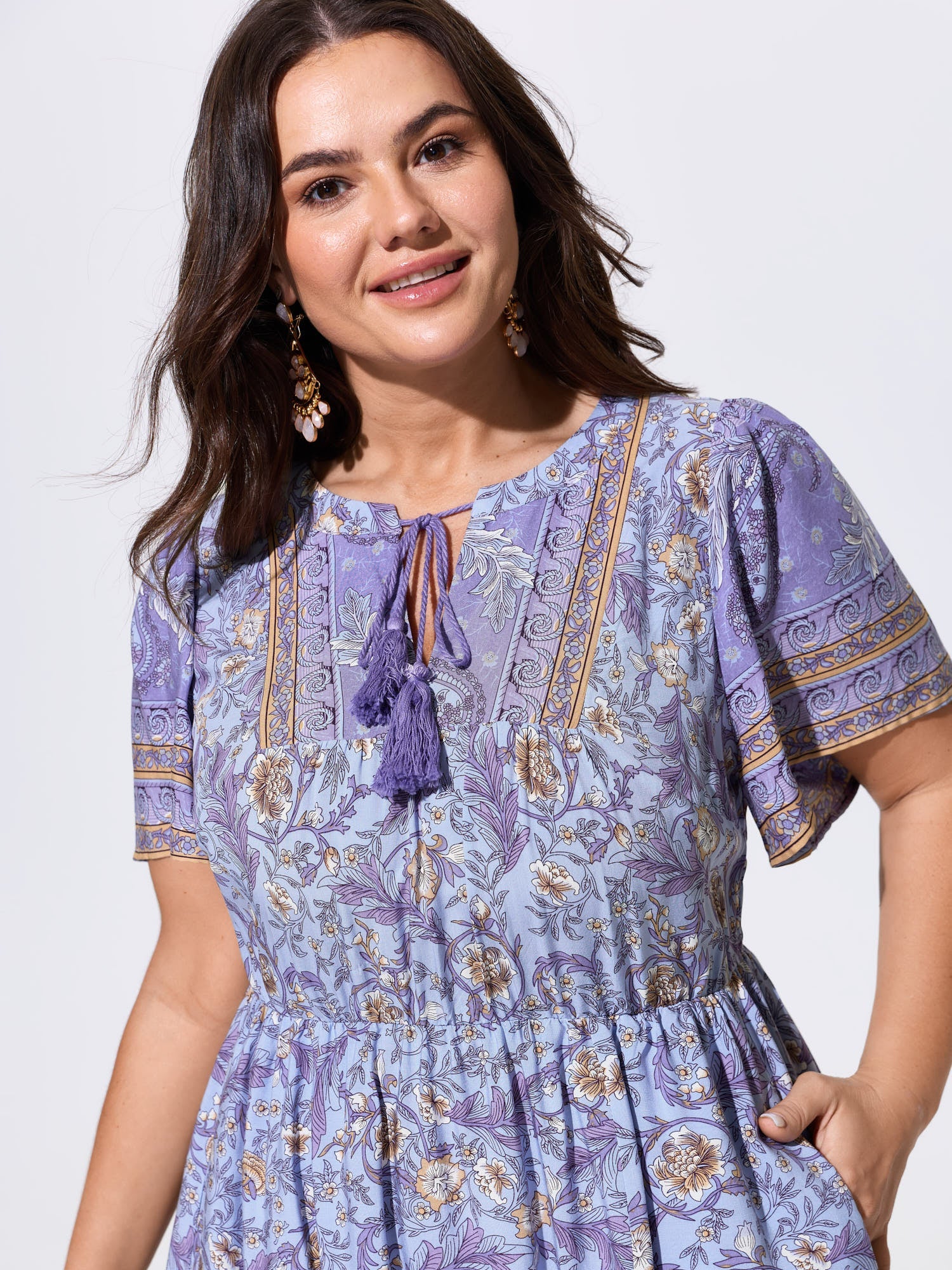 Floral Print Tassels Drawstring Neckline Midi Dress