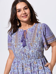 Floral Print Tassels Drawstring Neckline Midi Dress