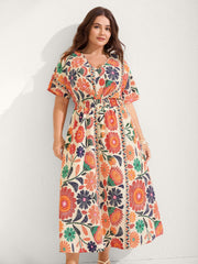 Floral Print Gathered Waist Pleated Maxi Dress