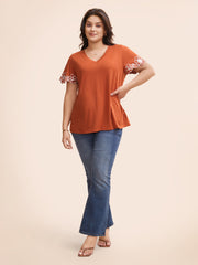 V Neck Floral Embroidered T-shirt