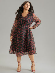 Floral Mesh Elastic Waist Lantern Sleeve Dress