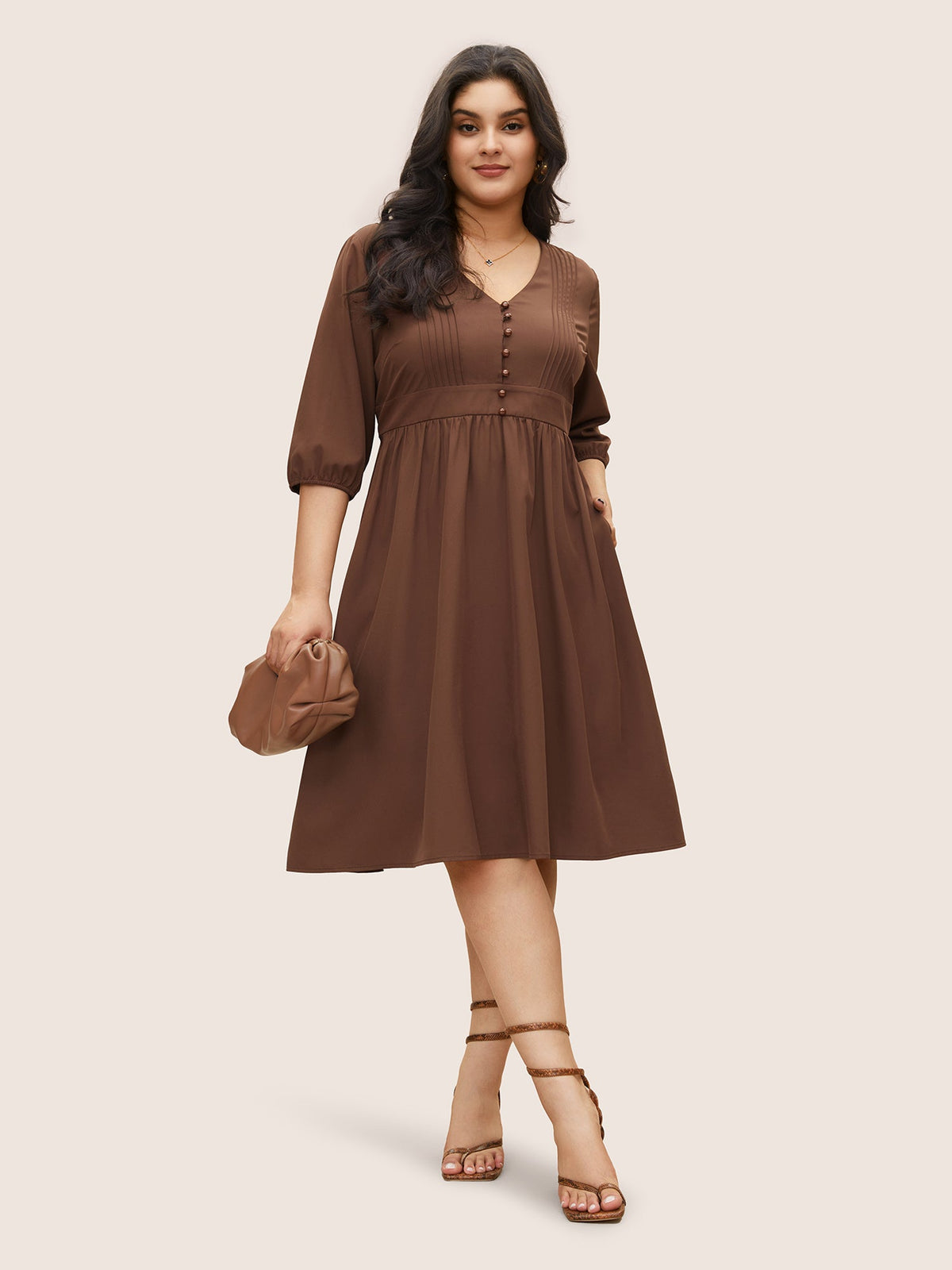Solid Pleated Button Detail Lantern Sleeve Dress