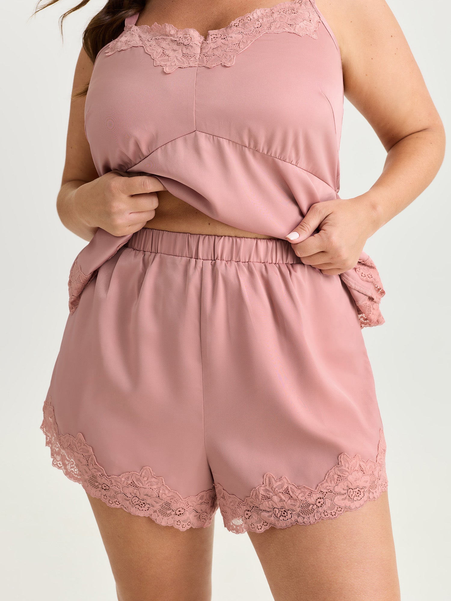 Satin Floral Lace Neckline Lounge Set