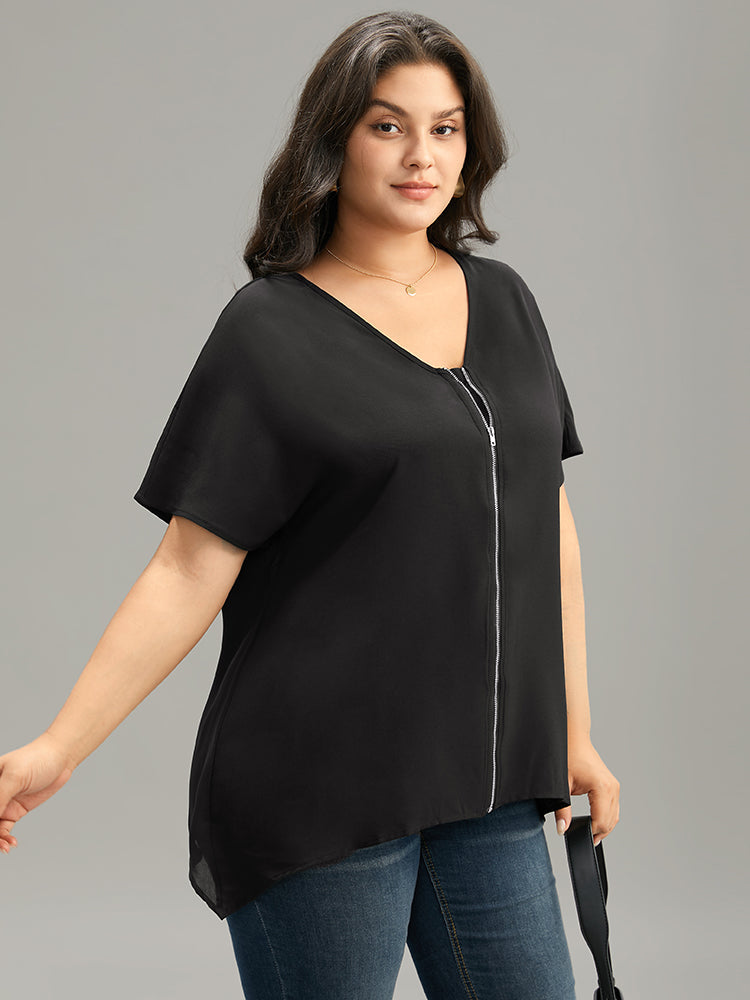 Plain Zipper Curved Hem Blouse