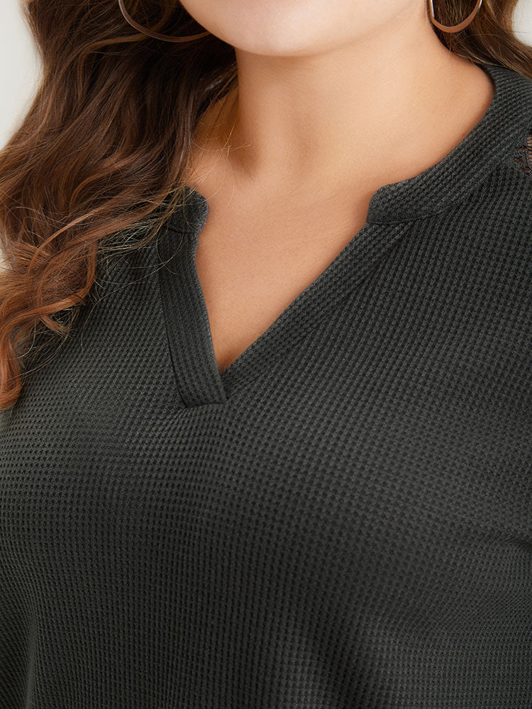 Plain Notched Crochet Lace Raglan Sleeve T-shirt
