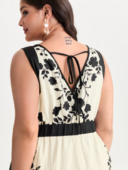 Color Contrast Floral Print Back-Tie Jumpsuit