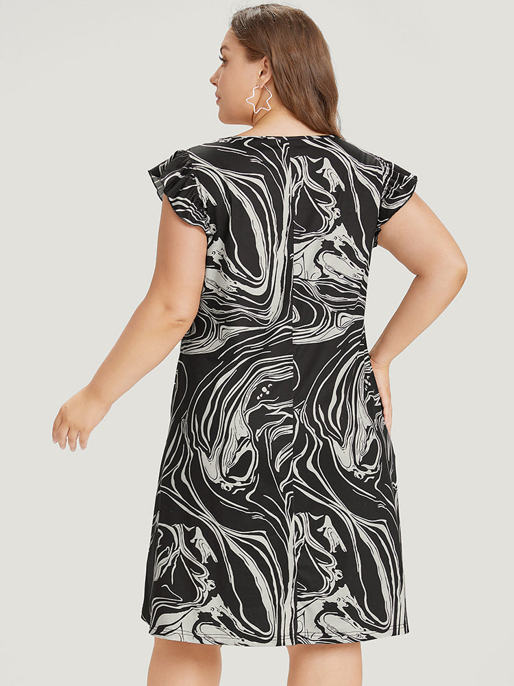 Marble Pocket Ruffle Cap Sleeve Square Neck Dress