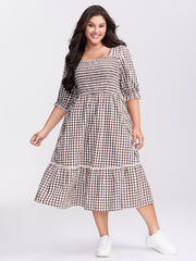 Gingham Lace Shirred Tiered Midi Dress