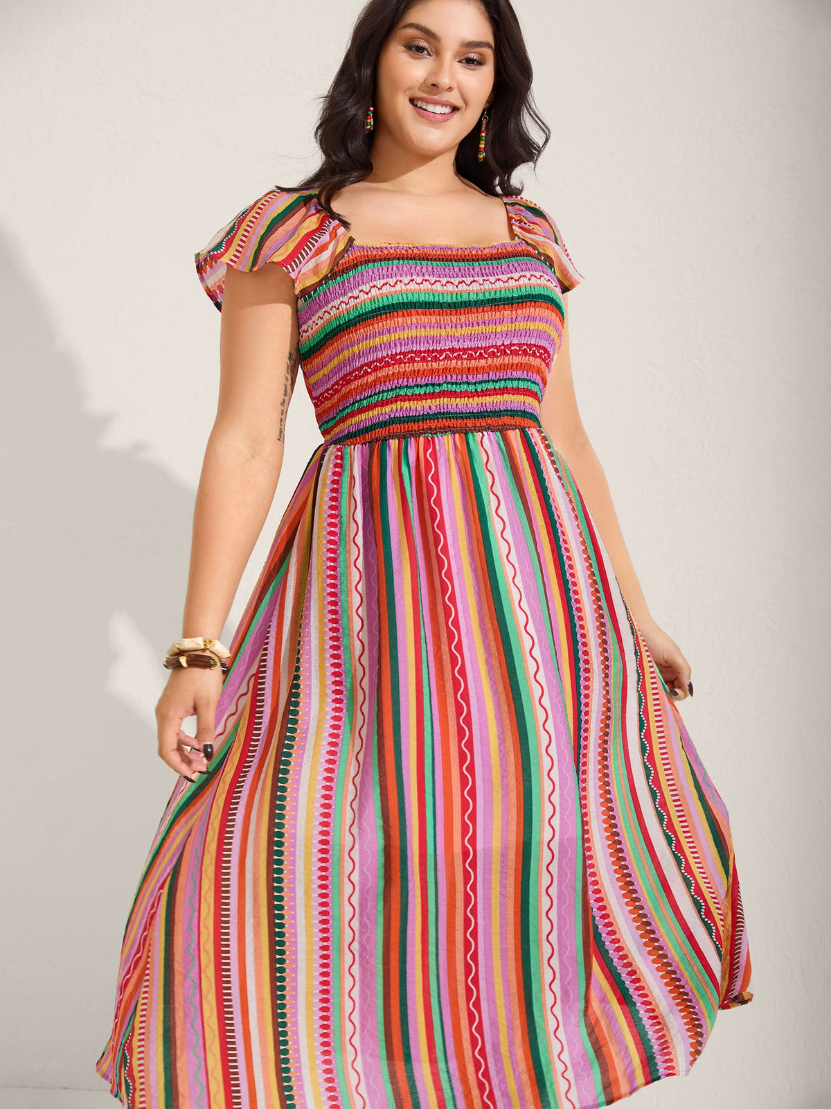 Colorful Stripe Flutter Sleeve Pockets Midi Dress
