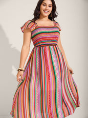 Colorful Stripe Flutter Sleeve Pockets Midi Dress