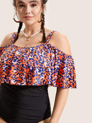 Leopard Patchwork Cold Shoulder One Piece Swimsuit