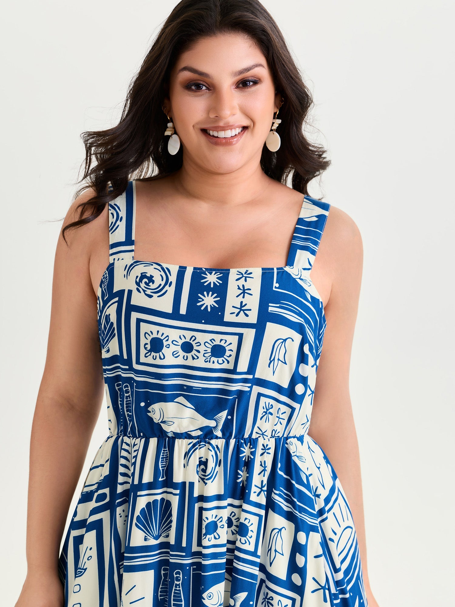 Nautical Print Shirred Tiered Adjustable Straps Midi Dress