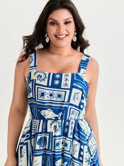 Nautical Print Shirred Tiered Adjustable Straps Midi Dress