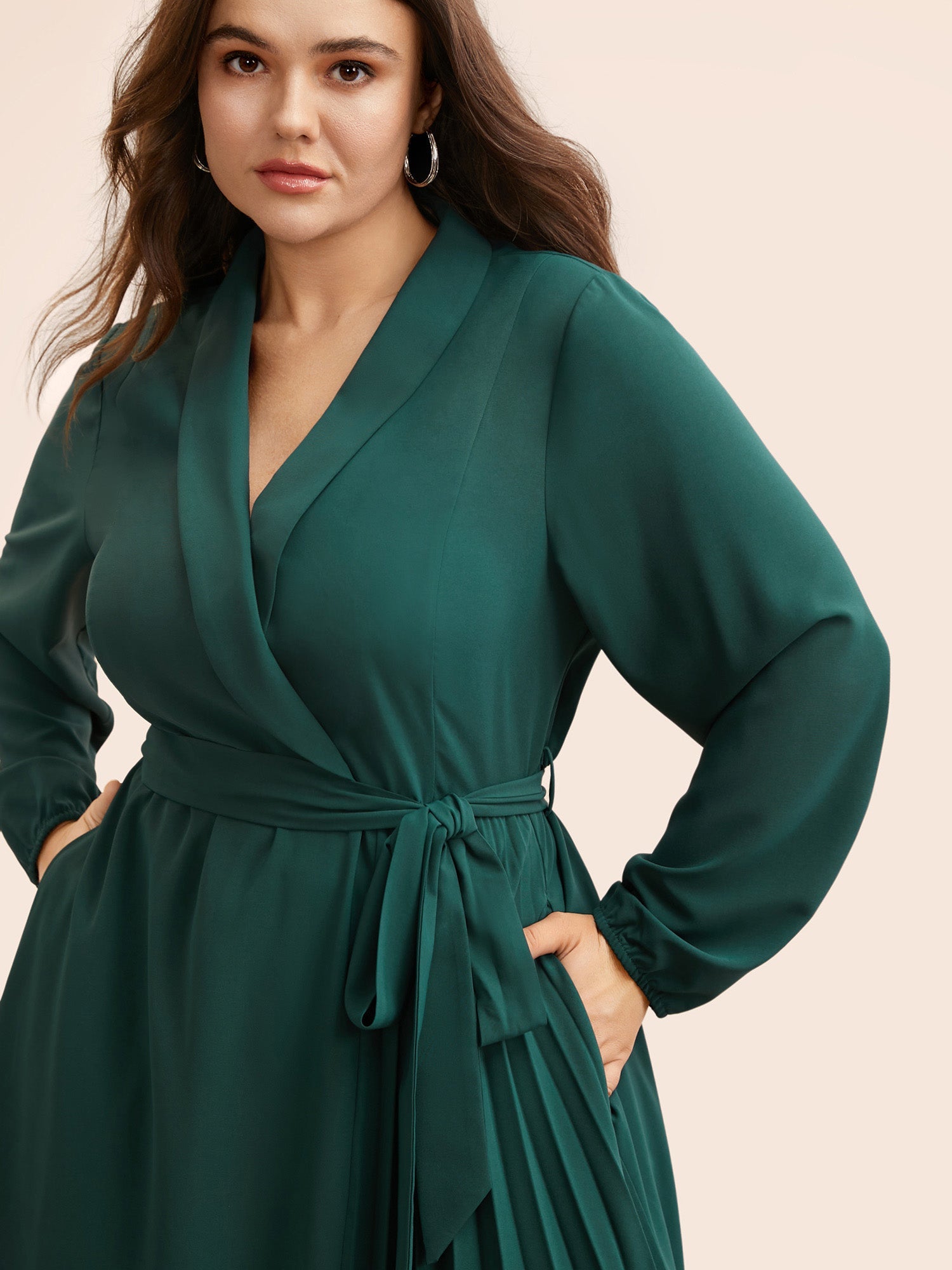 Suit Collar Pleated Belted Midi Dress