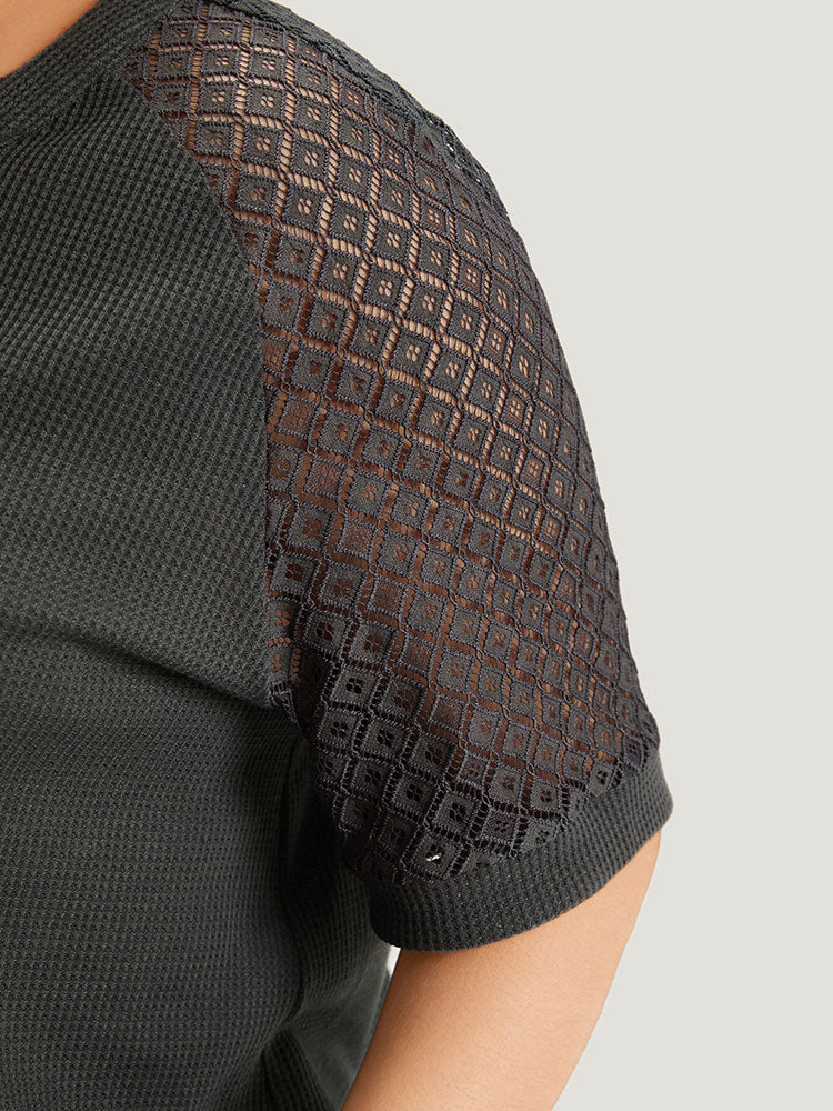 Plain Notched Crochet Lace Raglan Sleeve T-shirt