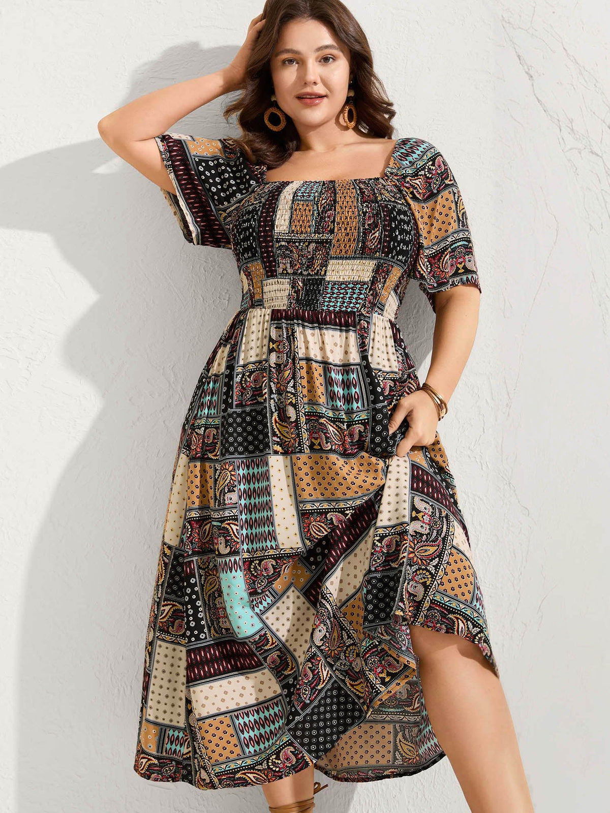 Paisley Floral Collage Shirred Pockets Midi Dress