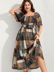 Paisley Floral Collage Shirred Pockets Midi Dress