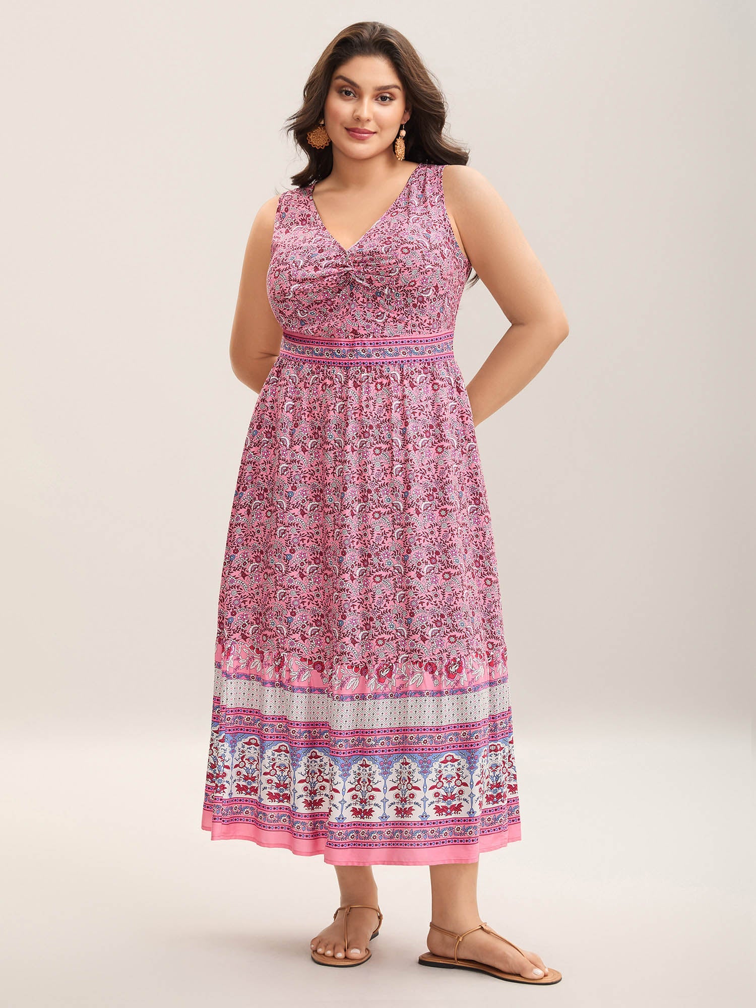 Rayon Floral Print Stretchy Waist Midi Dress