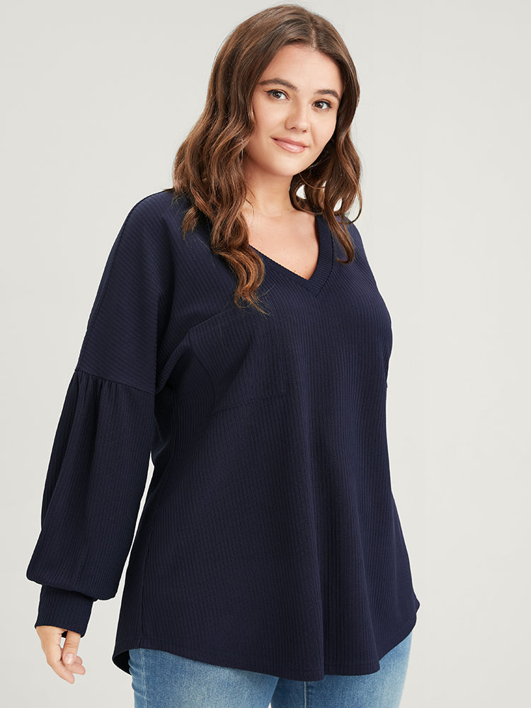 Solid Drop Shoulder Pocket Arc Hem Rib Knit Sweatshirt