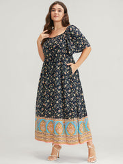 Floral Pocket Ruffles Square Neck Midi  Dress