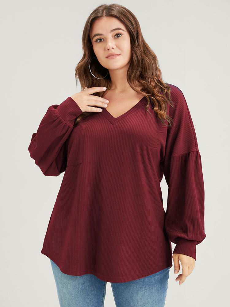 Solid Drop Shoulder Pocket Arc Hem Rib Knit Sweatshirt