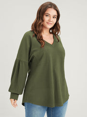 Solid Drop Shoulder Pocket Arc Hem Rib Knit Sweatshirt