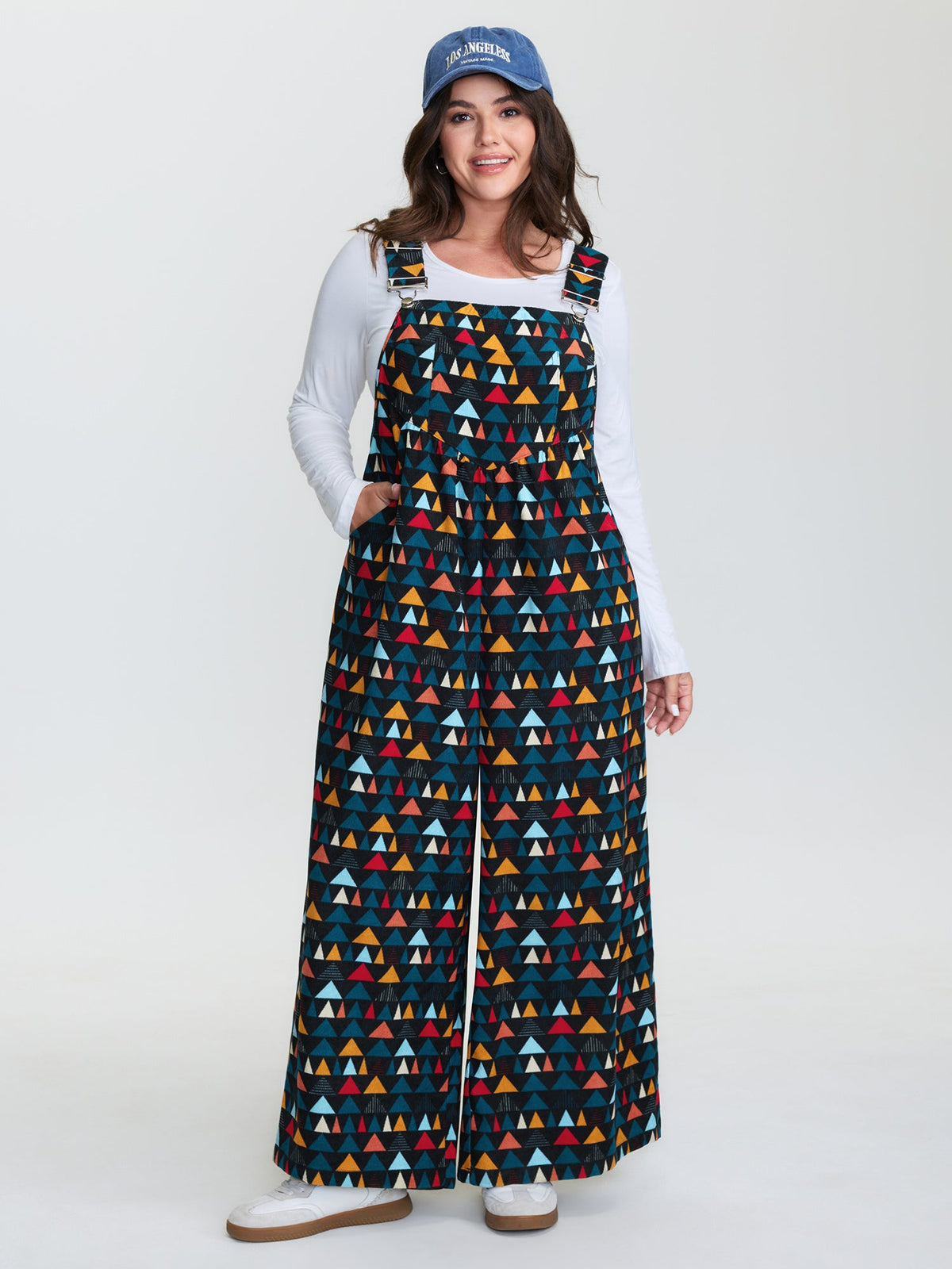 Geometric Print Pockets Adjustable Overall Jumpsuit