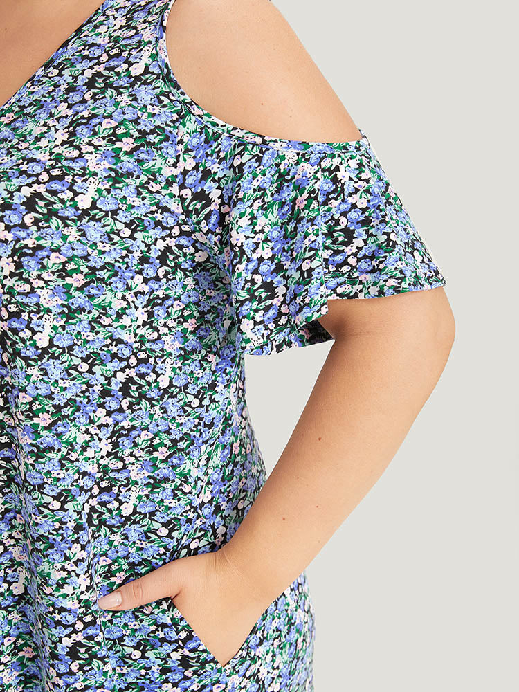 Ditsy Floral Pocket Cold Shoulder Dress
