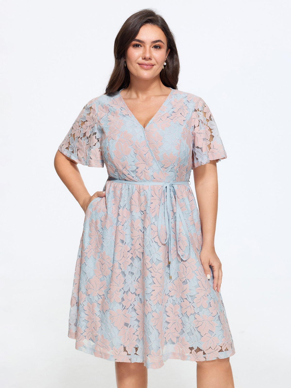 Crochet Lace Mesh Waist-Tie Midi Dress