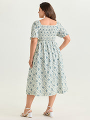Floral Print Shirred Bodice Flowy Midi Dress