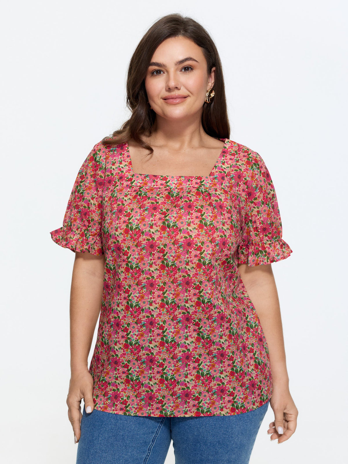 Cotton Square Neck Ruffled Sleeve Blouse