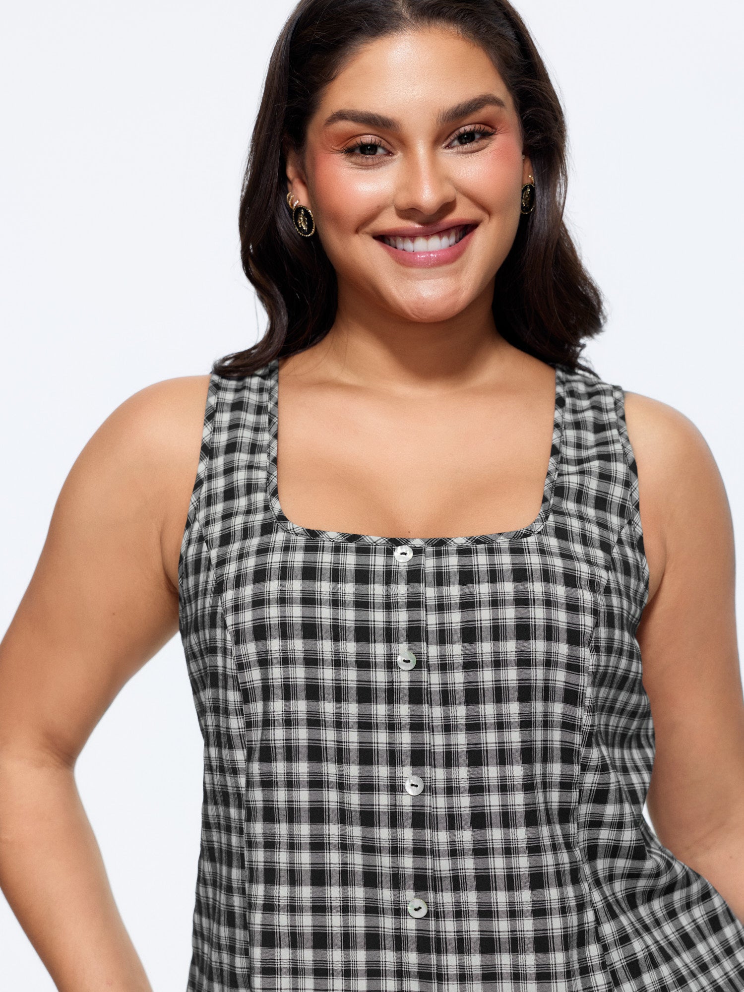 Check Print Waist-Tie Button Tank Top