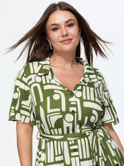 Geometric Print Pockets Collared Midi Dress