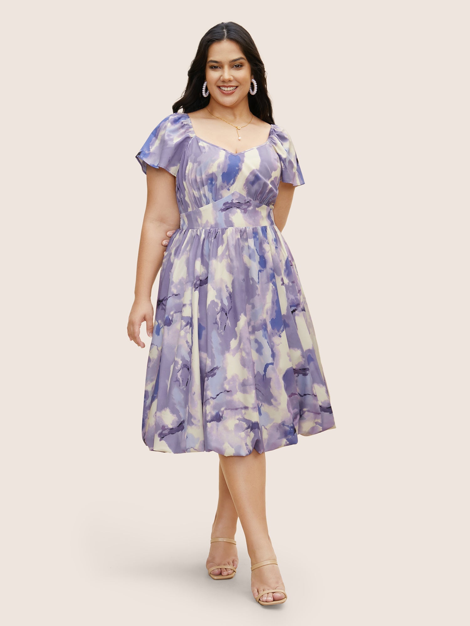Watercolor Floral Bubble Hem Pockets Dress