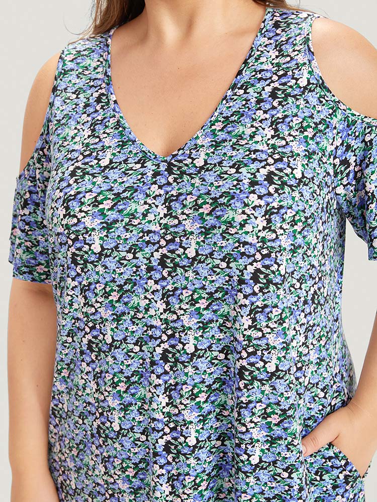 Ditsy Floral Pocket Cold Shoulder Dress