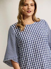 Checkered Print Flared Overlap Sleeve Blouse
