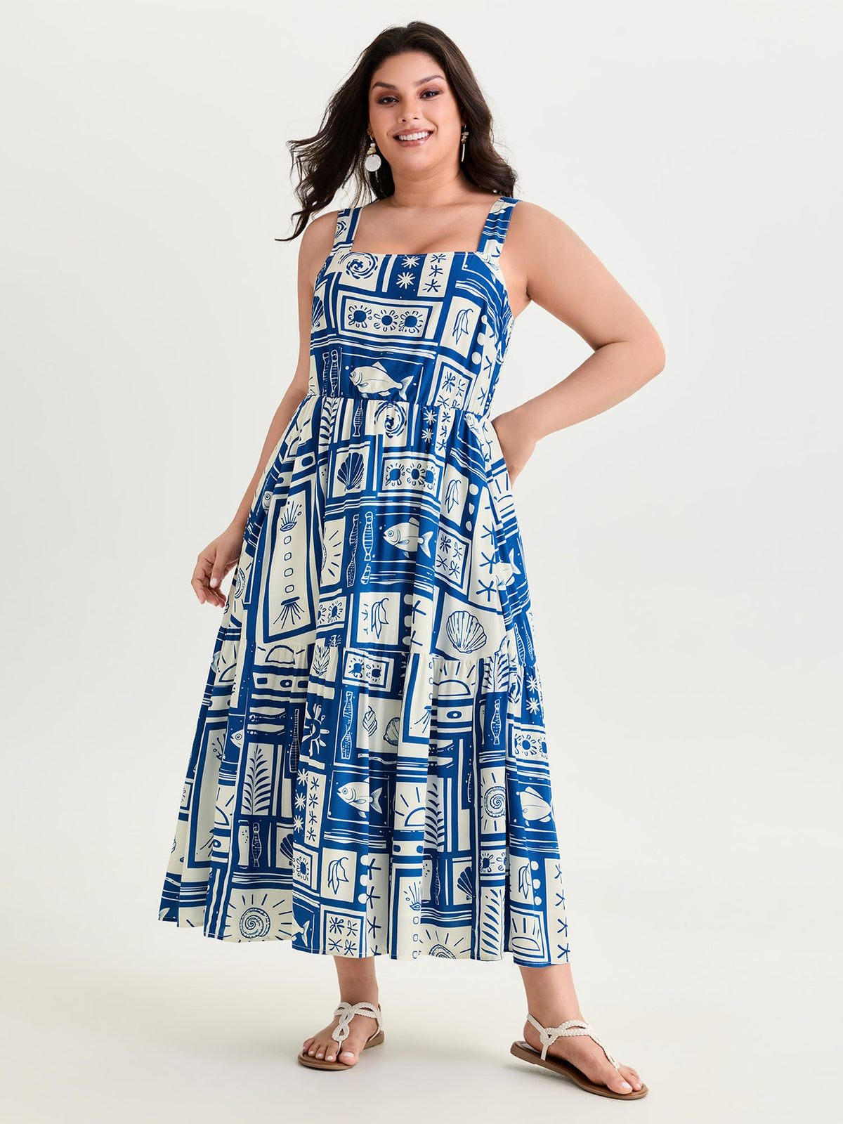 Nautical Print Shirred Tiered Adjustable Straps Midi Dress