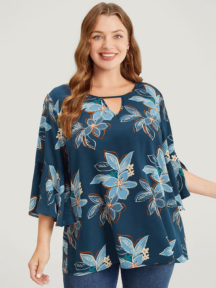 Floral Print Keyhole Neck Split Bell Sleeve Blouse